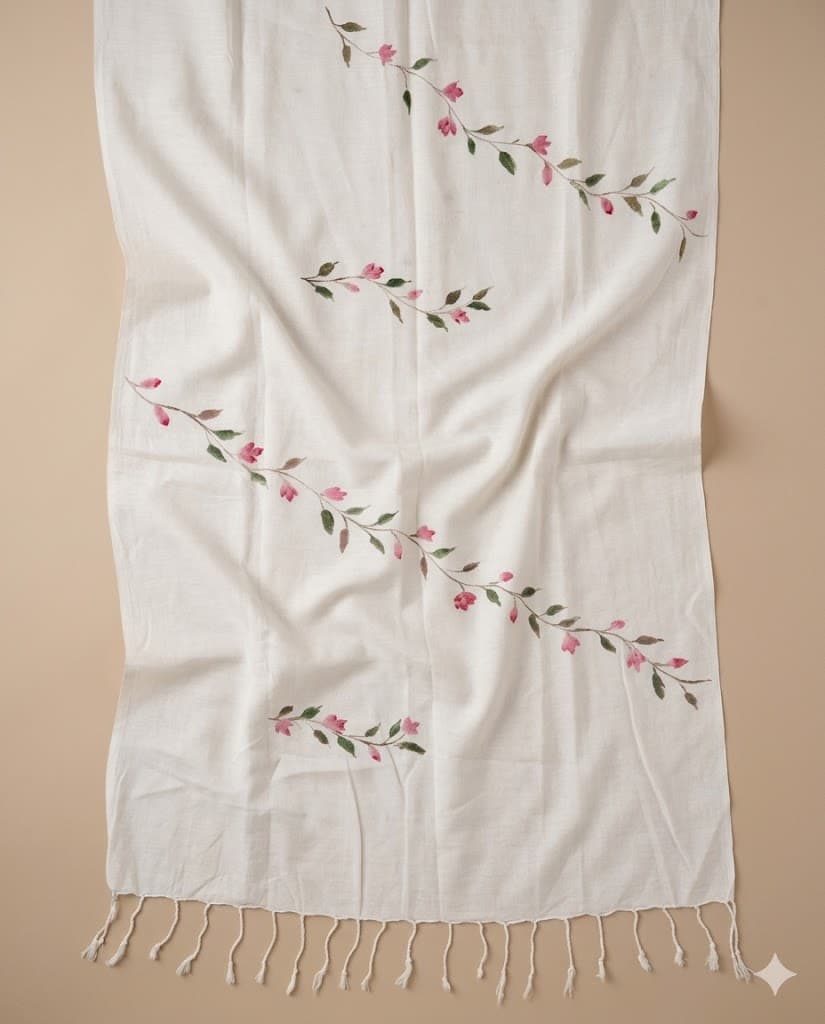 Pink Vine Hand-Painted Muslin Stole — hand-painted by Brushup