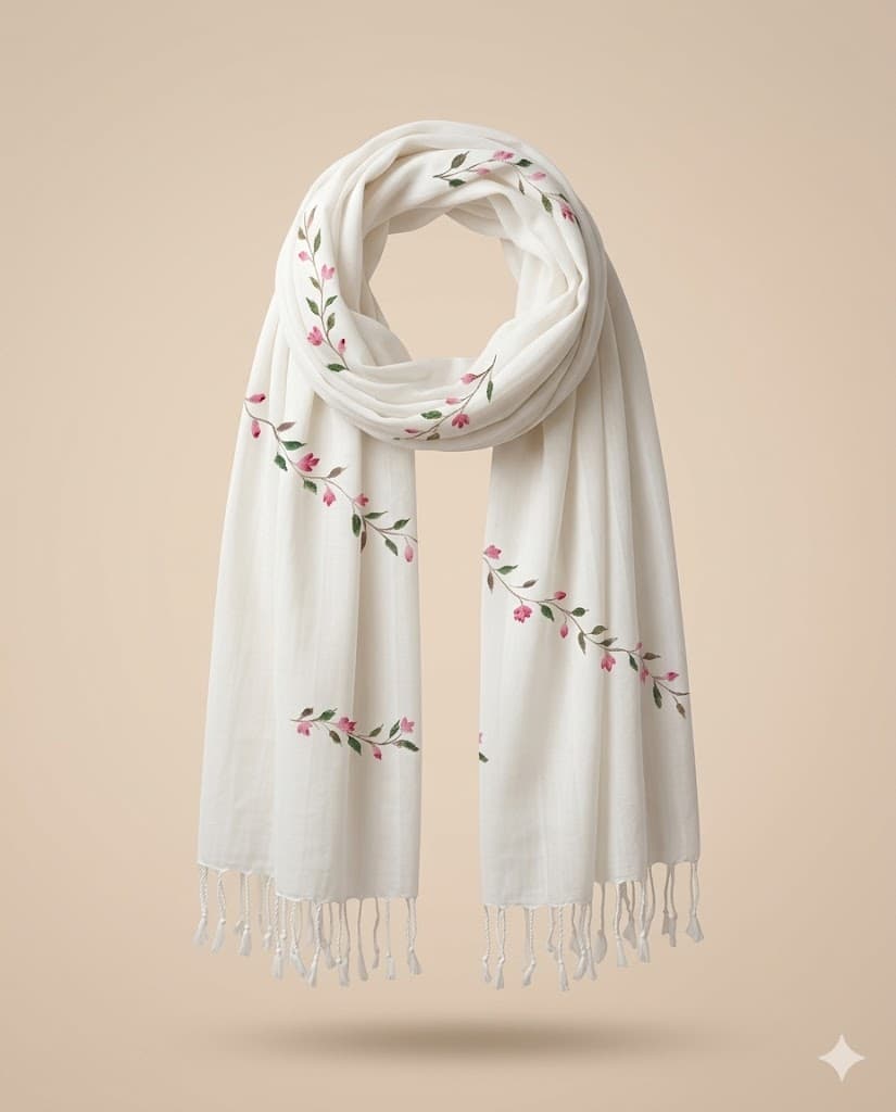 Pink Vine Hand-Painted Muslin Stole detail 2