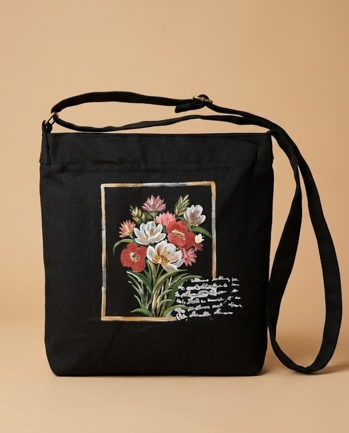 Floral Frame Handpainted Canvas Shoulder Bag — hand-painted by Brushup