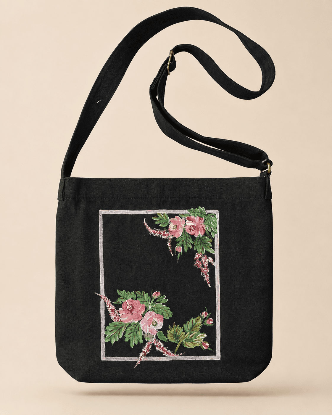 Rose Bunch Hand-Painted Shoulder Bag (Black) — hand-painted by Brushup