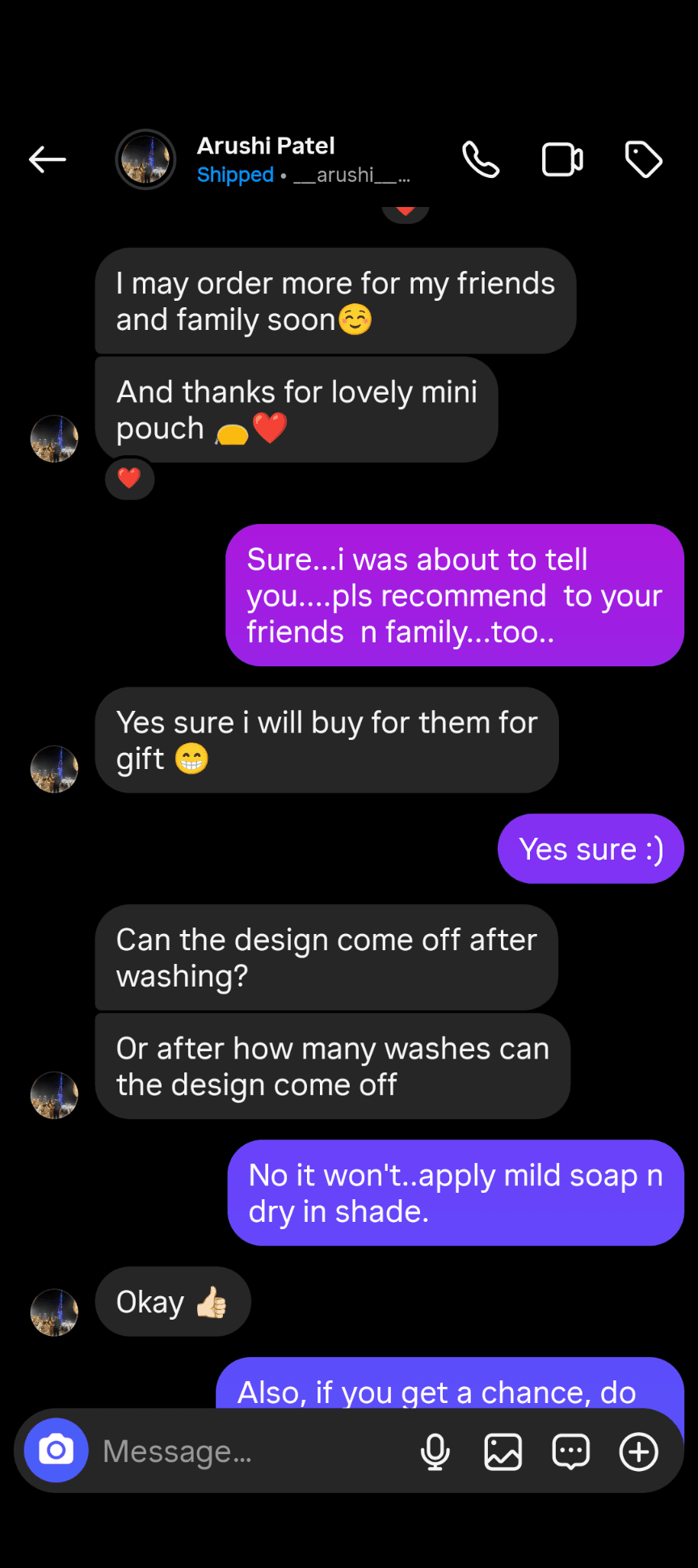 Original customer conversation about repeat Brushup gifts and care
