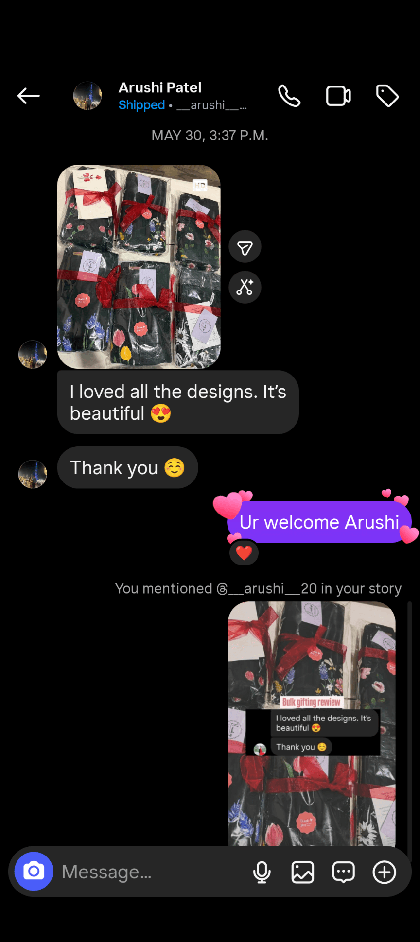 Original customer feedback for a bulk order of wrapped Brushup gifts