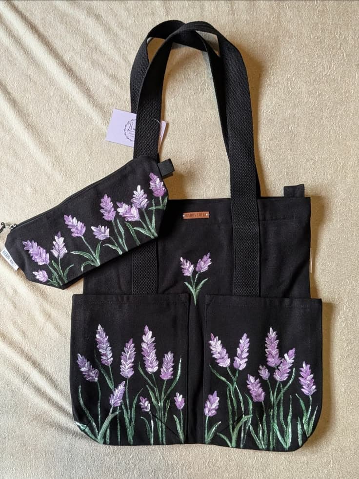 Lavender Hand-Painted Tote Bag + Pouch set — hand-painted by Brushup