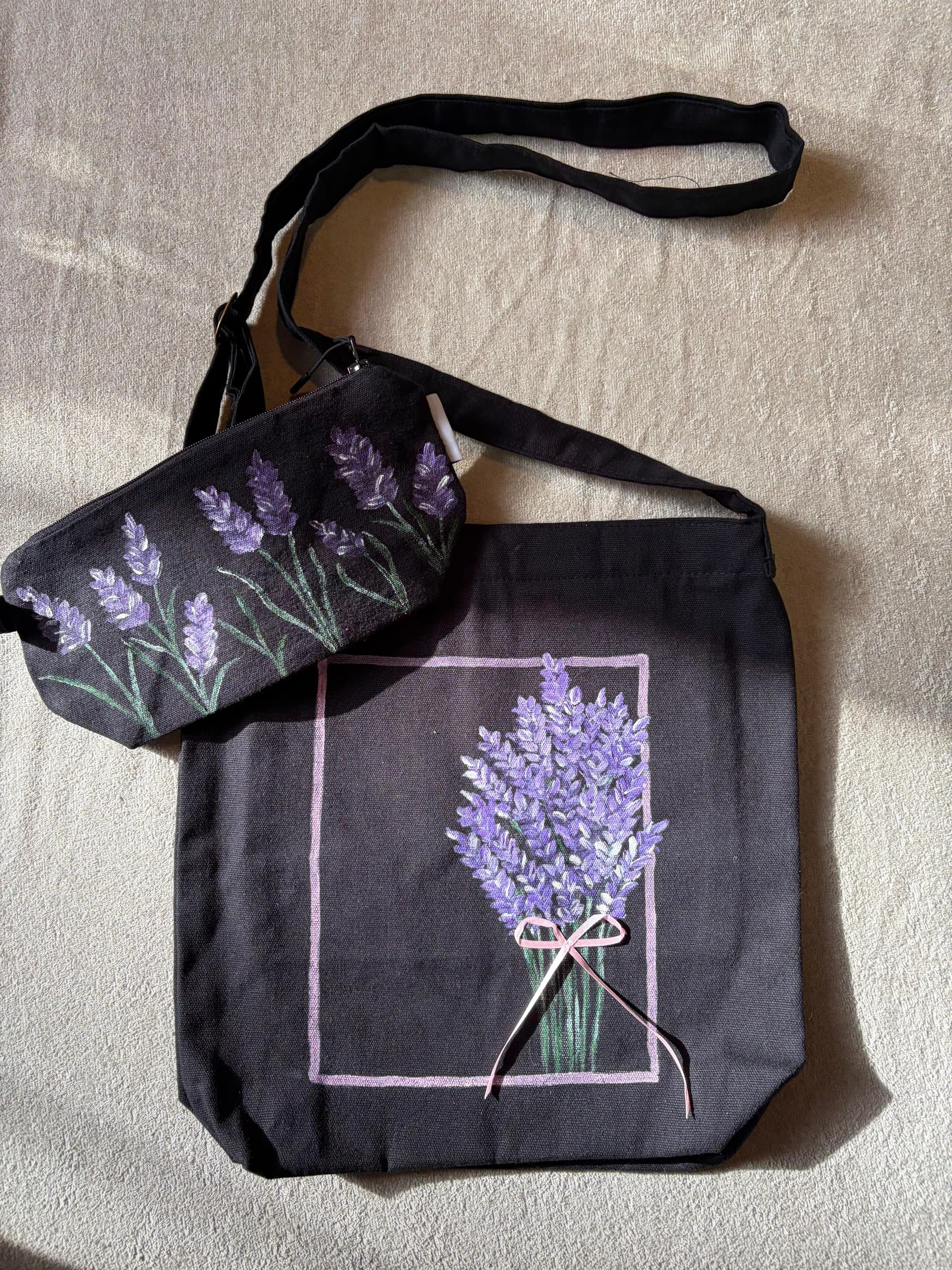 Lavender Hand-Painted bag + Pouch — hand-painted by Brushup