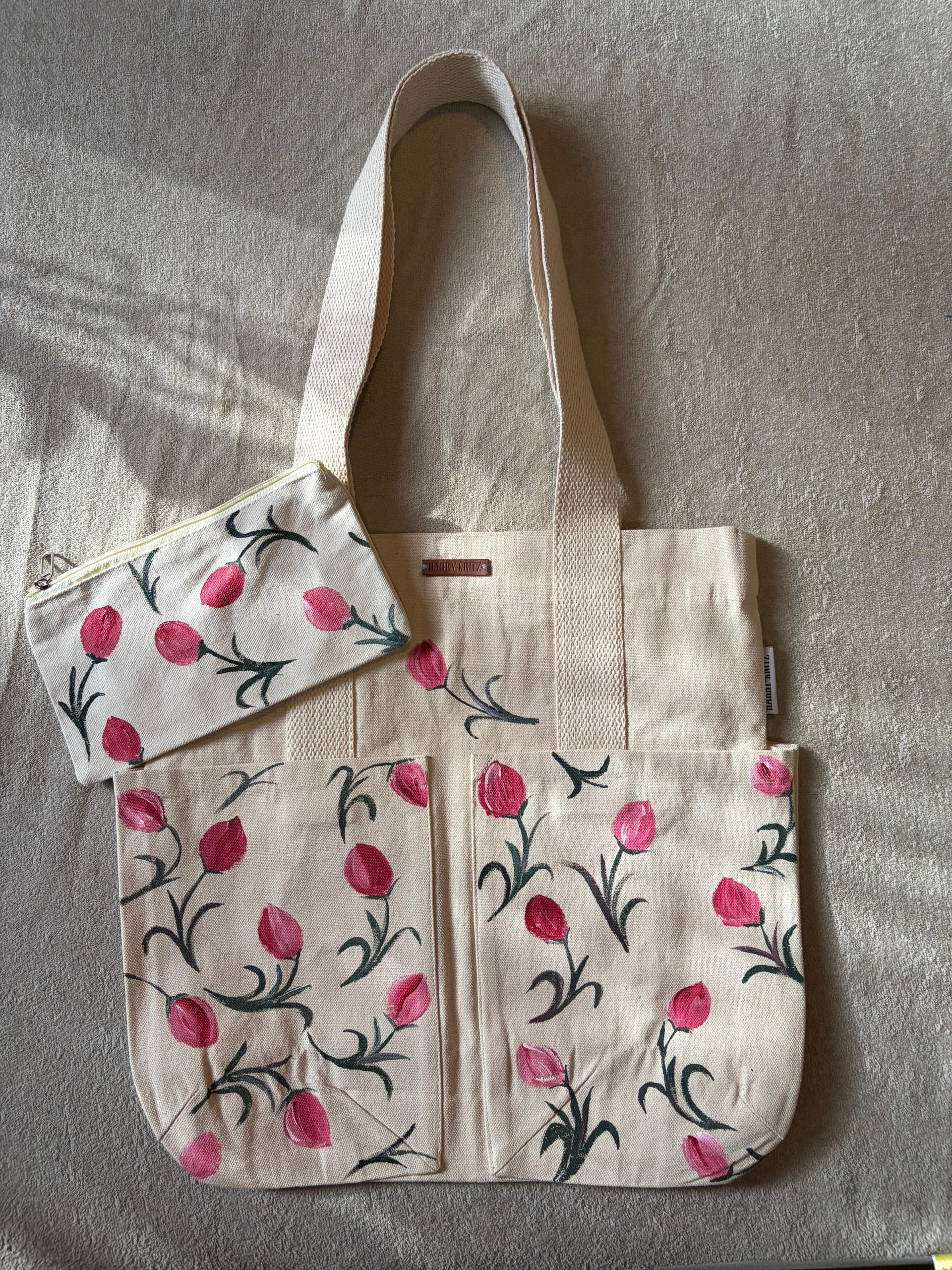 Rosebuds Combo Hand-Painted bag + Pouch — hand-painted by Brushup