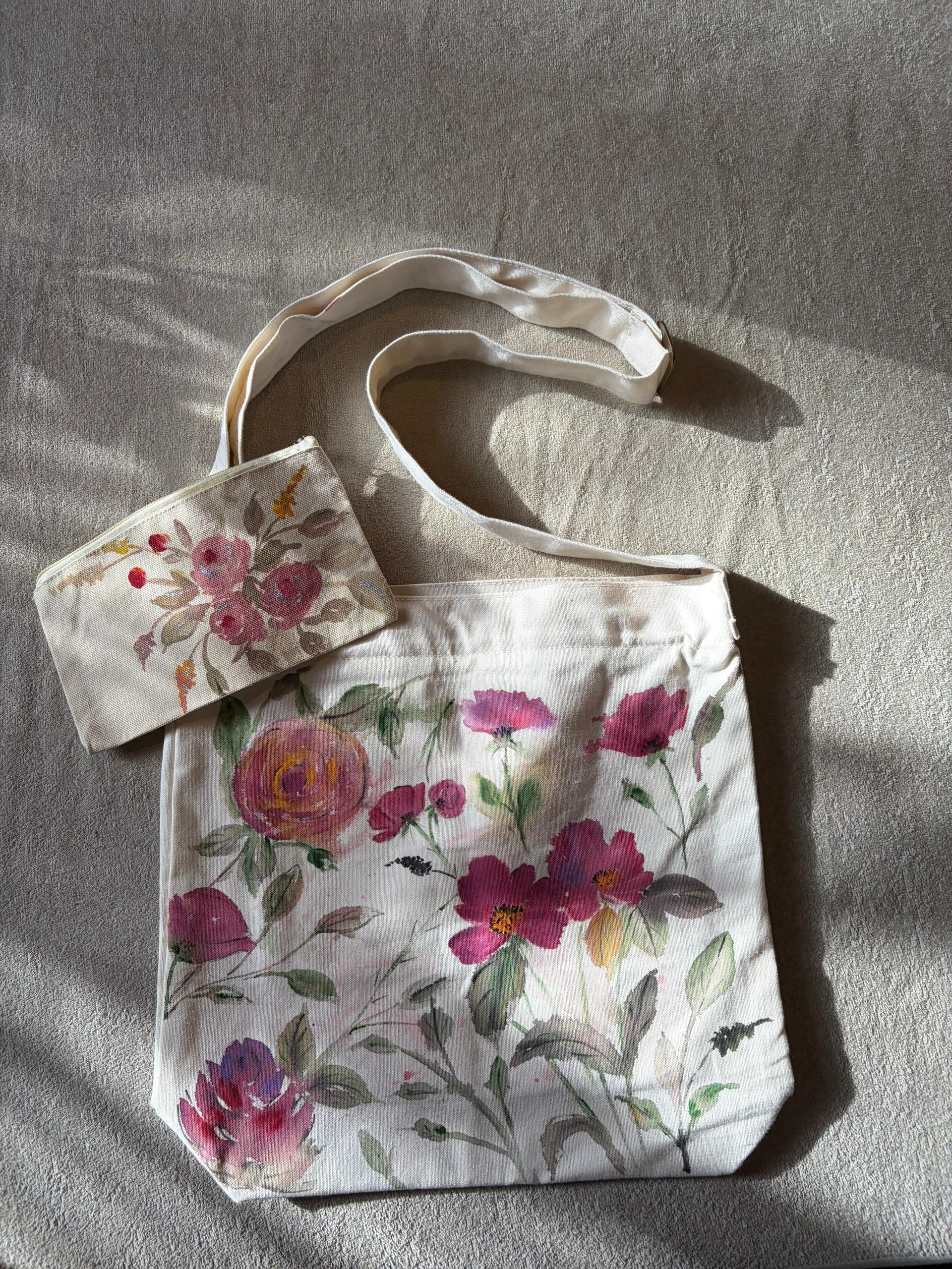Hot pink Florals Combo Hand-Painted bag + Pouch — hand-painted by Brushup