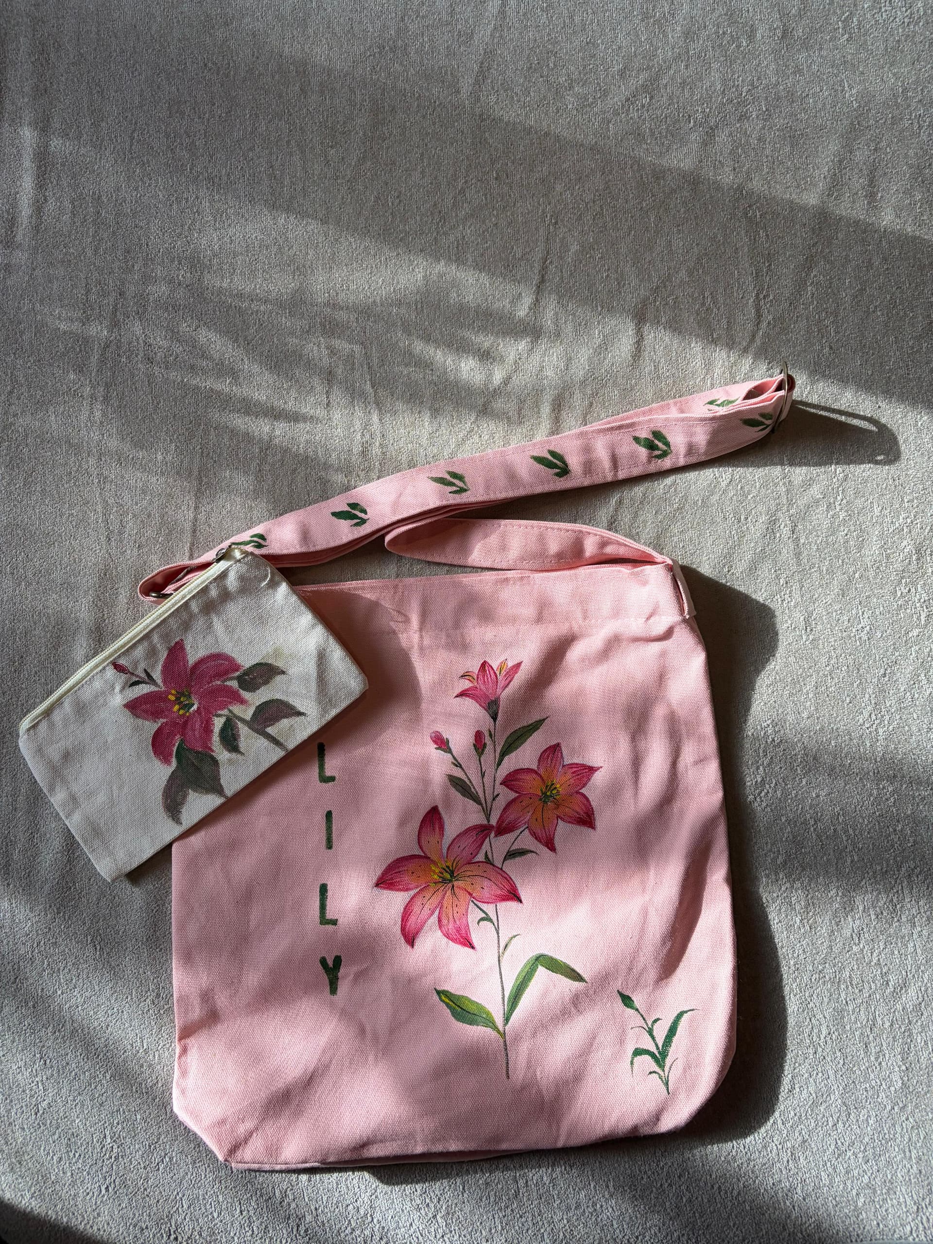 Lilly Hand-Painted bag + Pouch — hand-painted by Brushup