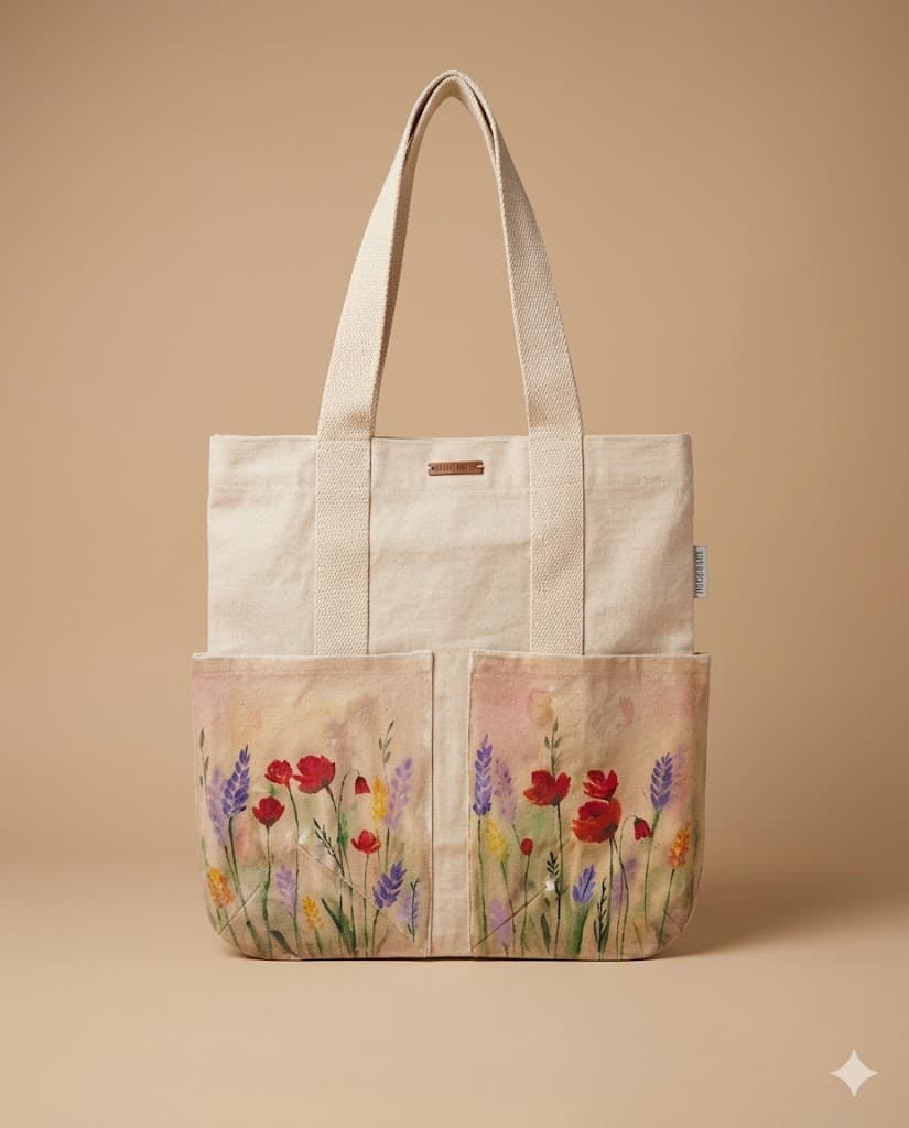 Poppy & Lavender Watercolour Hand-Painted Canvas Tote Bag — hand-painted by Brushup