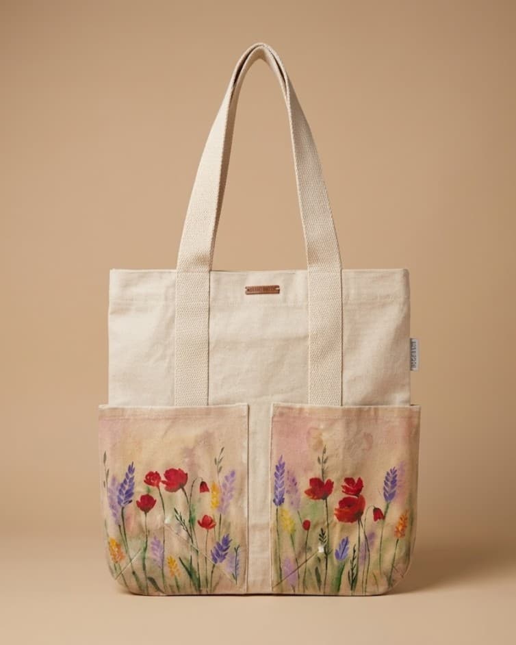 Poppy & Lavender Watercolour Hand-Painted Canvas Tote Bag — hand-painted by Brushup