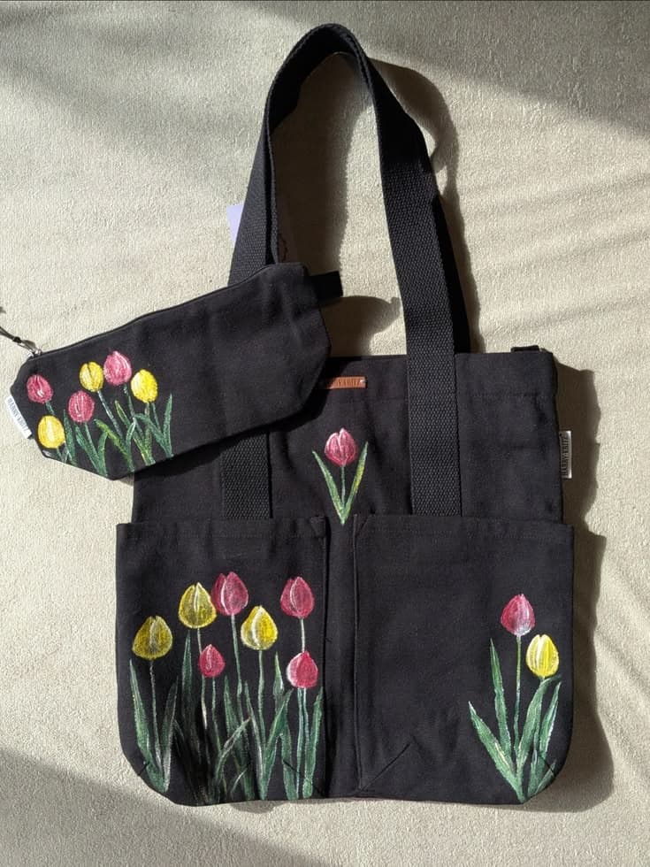 Tulips Hand-Painted Tote Bag + Pouch set — hand-painted by Brushup